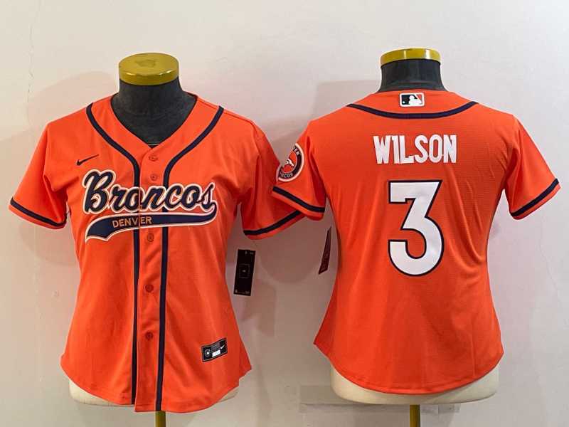 Womens Denver Broncos #3 Russell Wilson Orange With Patch Cool Base Stitched Baseball Jersey